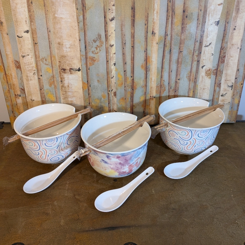 Set of 3 Ceramic Noodle Bowl Set w/Chopsticks & Soup Spoons